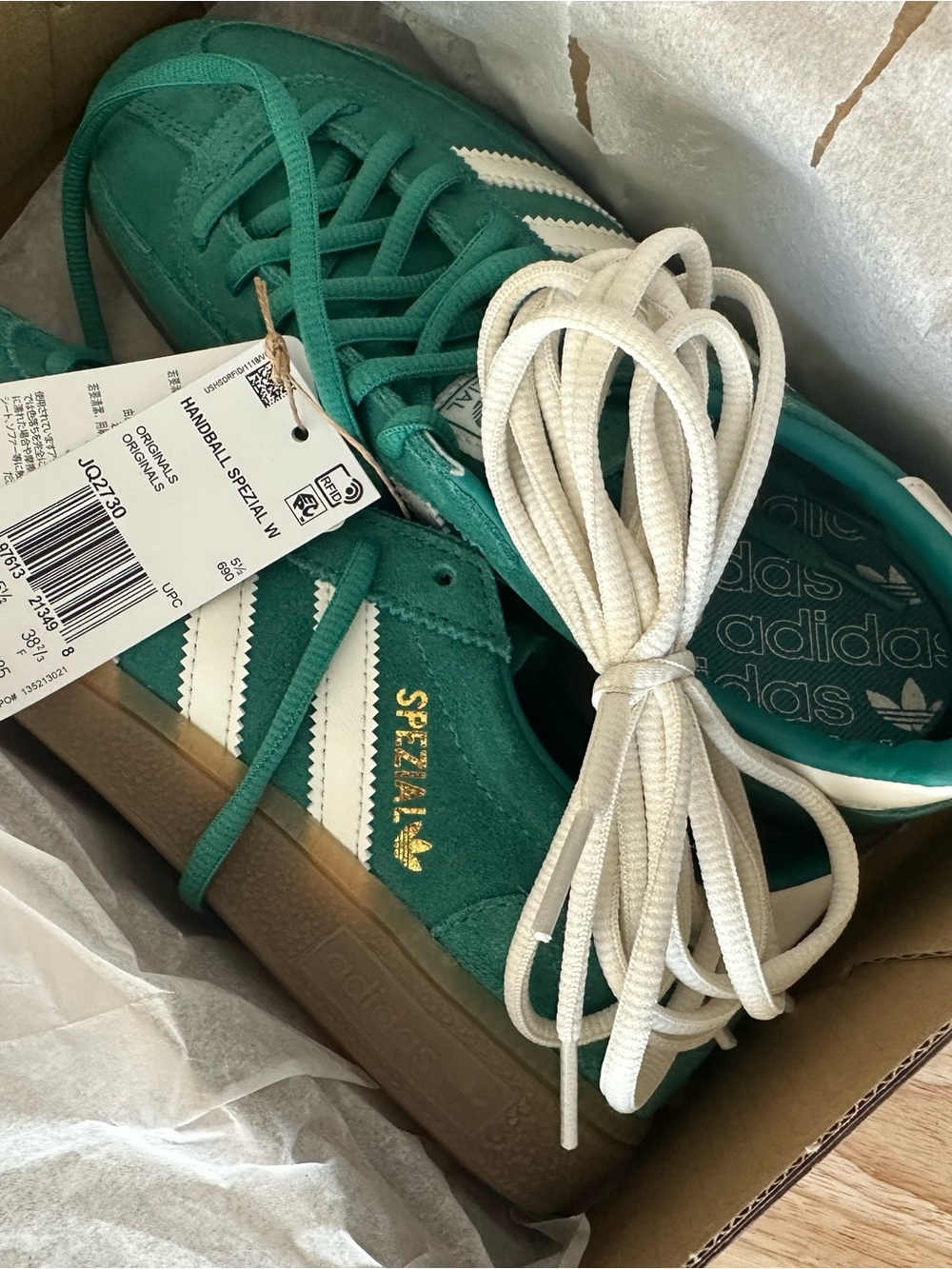 adidas Green Suede Handball Spezial Sneakers with White Stripes
